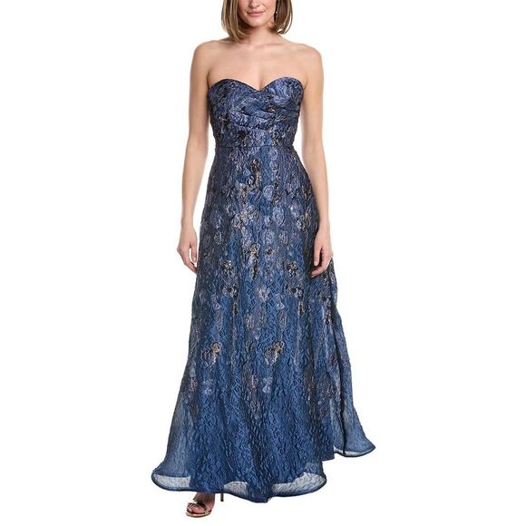 Rene Ruiz WomensSweetheart Brocade Column Gown Blue